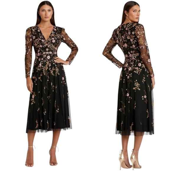 NWT Mac Duggal Embroidered Floral Long Sleeve Cocktail Dress Size 16 #35103